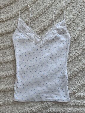 Hollister Blue Floral Cotton Tank Top With Lace Detail Women’s Size Small